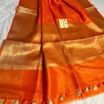 Dark Orange Pure Linen Banarasi Saree