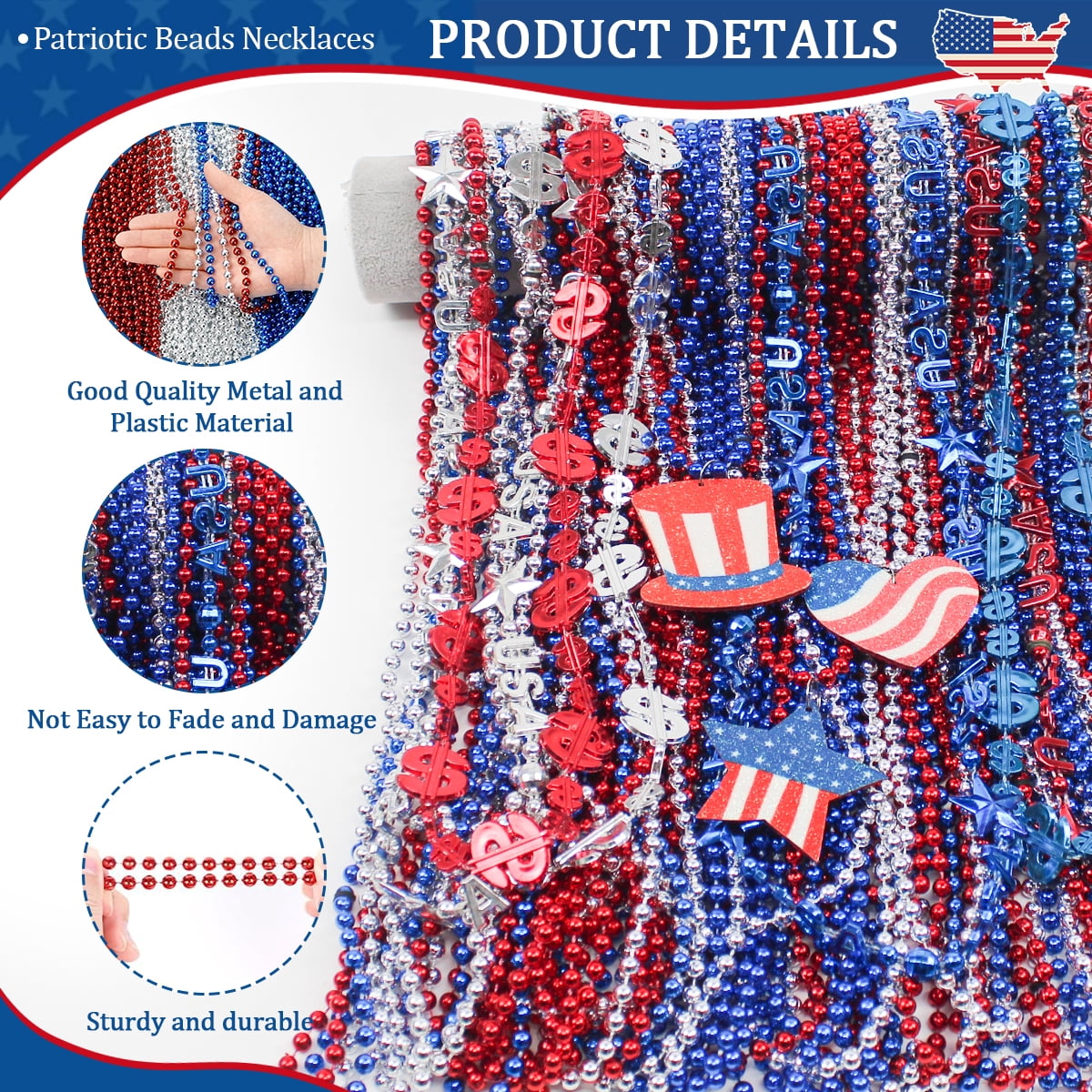 Fourth of July Decoration Patriotic Mardi Gras Beads USA Party Accessories Red White Blue Beaded Necklaces Independence Day Metallic Necklaces 69Pcs Set 1