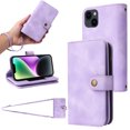 thumbnail image 1 of for iPhone 14 Plus Wallet Case, [Card Slots] PU Leather ID Credit Holder Folio Flip Kickstand Magnetic Clasp Phone Cover & Lanyard & Shoulder Strap for iPhone 14 Plus, Purple, 1 of 7