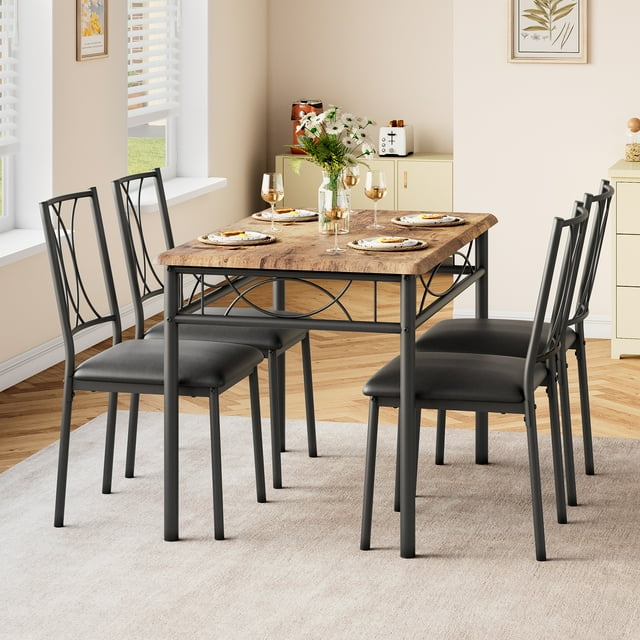 Bingirl Dining Table & Chairs Kitchen Dining Room Set for 5, Rustic Brown Table with 4 Metal and Wood Chairs