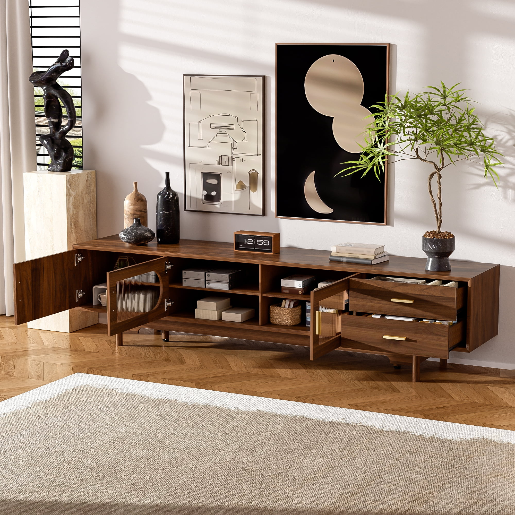 TV Stand for TVs up to 85 Inch, Entertainment Center with Fluted Glass Doors & 2 Drawers, Media Console with Solid Wood Legs for Living Room