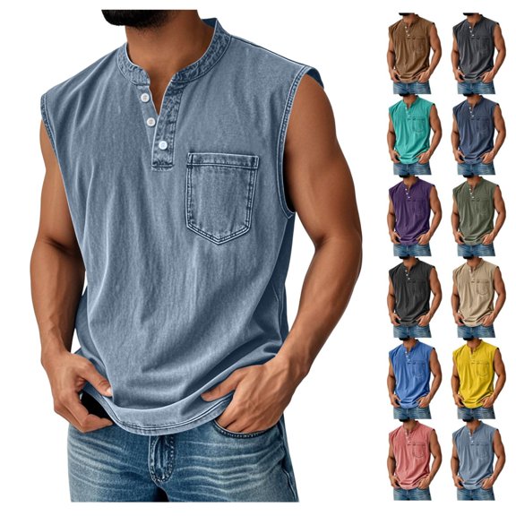 Mens Tank Top Vintage Button Sleeveless Workout Henley Shirts Summer Casual Classic Solid Beach Tops with Pocket