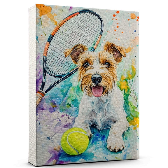 Wire Fox Terrier Dog Stretched Canvas Size 8x12 – Tennis Canvas Print of Funny Wire Fox Terrier Dog Wall Art, Tennis Sports Wall Decor, Home Decor, Dog Lover