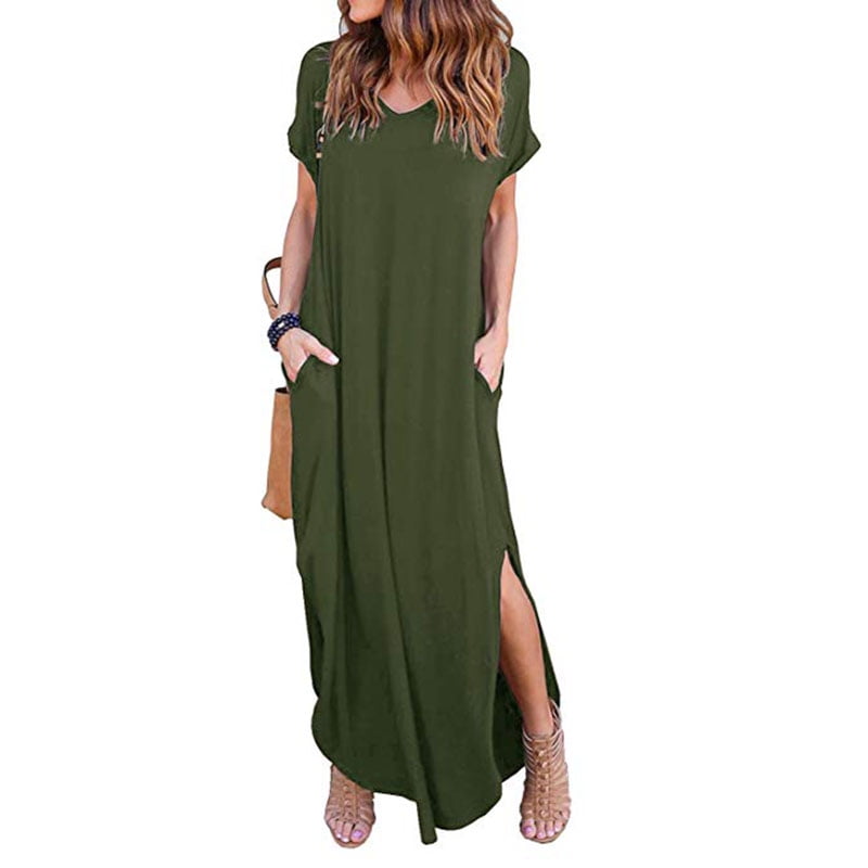 Women's Casual Loose Pocket Long Dress Short Sleeve Split Maxi Dresses -  Walmart.com