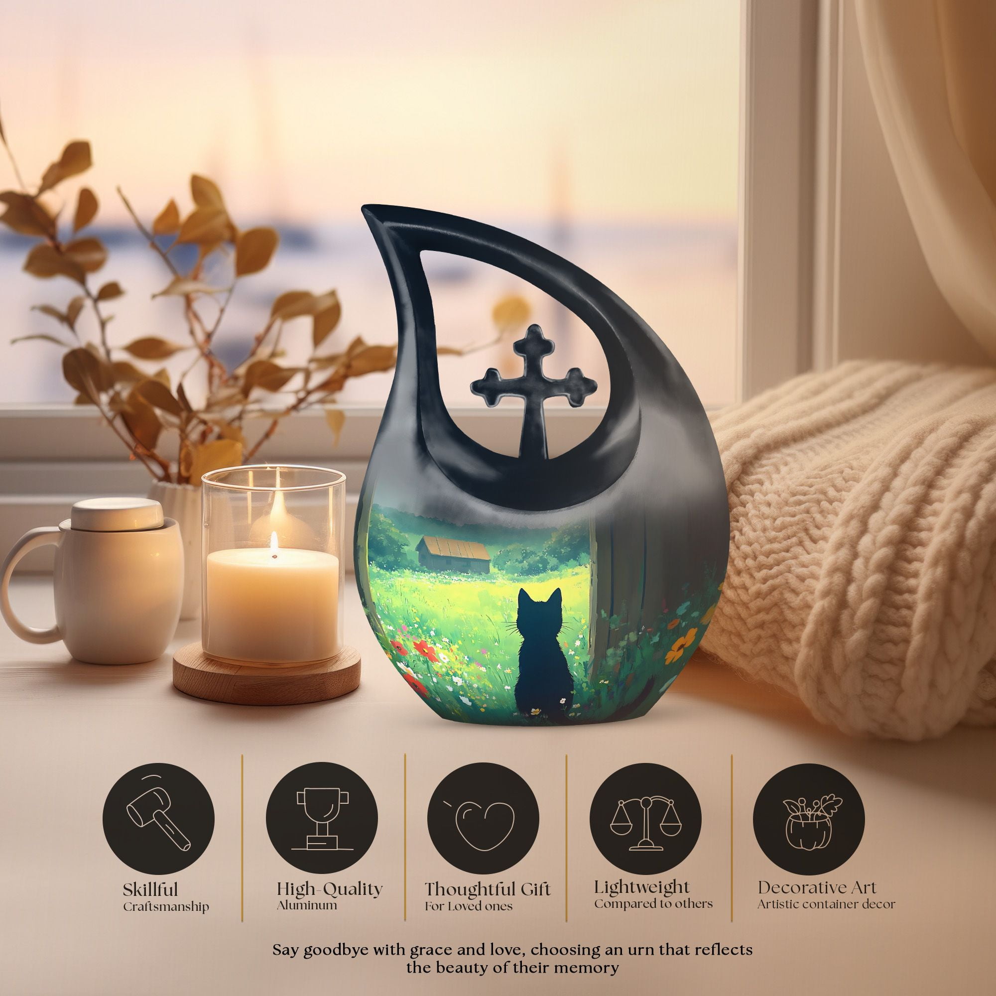 MUKTIVE Black Cat Large Urns for Human Ashes Remains - Flowers Memorial Cross Drop Adult Urns for Human Ashes Men and Women with Velvet Bag - Memorial Gifts for Loss of Mom, 10 Inch