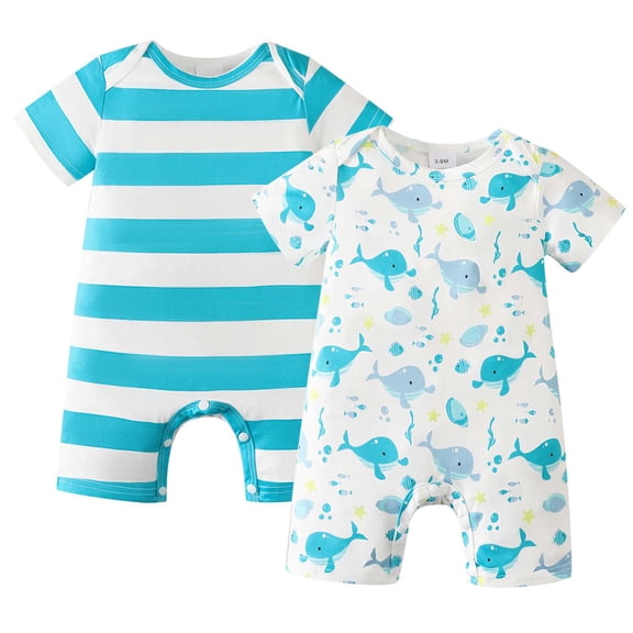 KIMI BEAR Newborn Baby Boys Rompers 0-3 Months Summer Clothing 2 Packs Short Sleeves Bodysuit Whale Print Striped One-piece Jumpsuit Clothes Blue