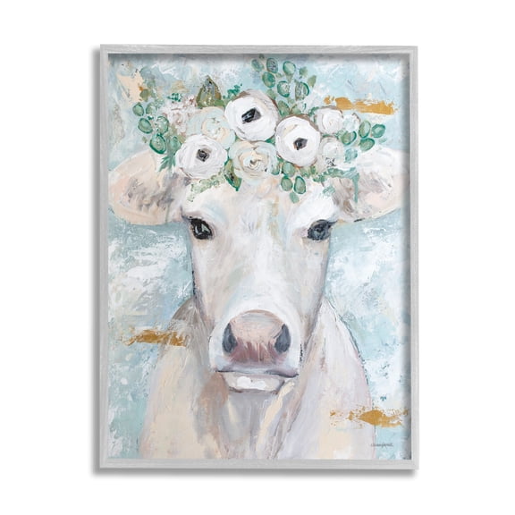 Stupell Industries Country Cattle Cow White Flower Crown Brushstrokes Framed Wall Art, 11 x 14, Design by Mackenzie Kissell