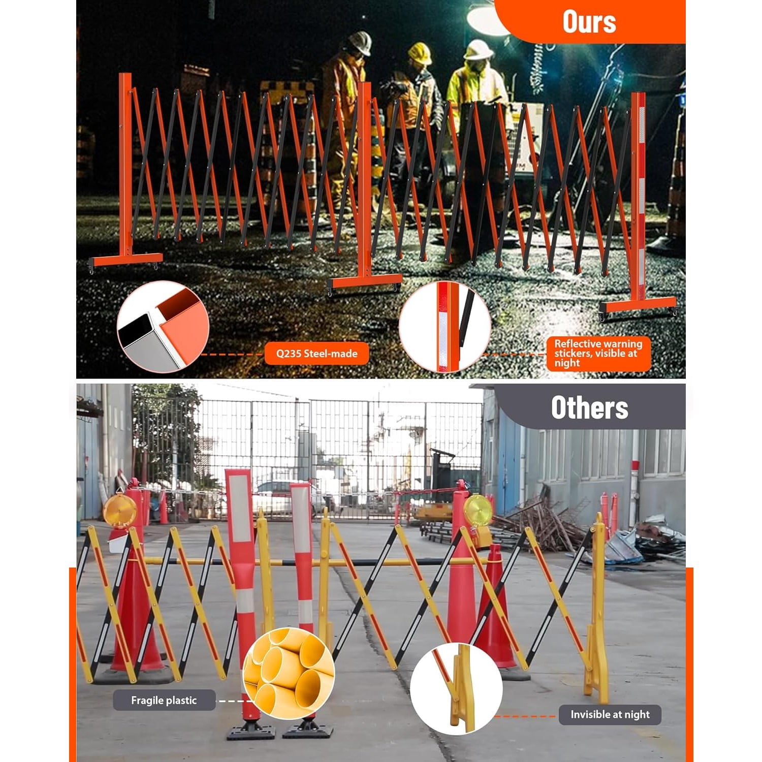 Easily Assembled Metal Expandable Barricade Gate,16FT Folding Safety Barrier Gate,Outdoor Flexible Mobile Barrier Gate,Orange