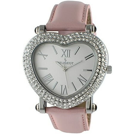 Heart Shaped Crystal Watches - Peugeot Womens Heart Shaped Wrist Watch with Crystal Studded Case & Leather Strap