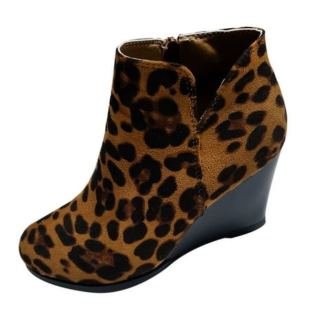 Jileiy Womens Block Low Heel Close Pointed Toe Ankle Boots Short Boots Slip-on Zipper Leopard Wedges Zipper Short Bootie Shoes