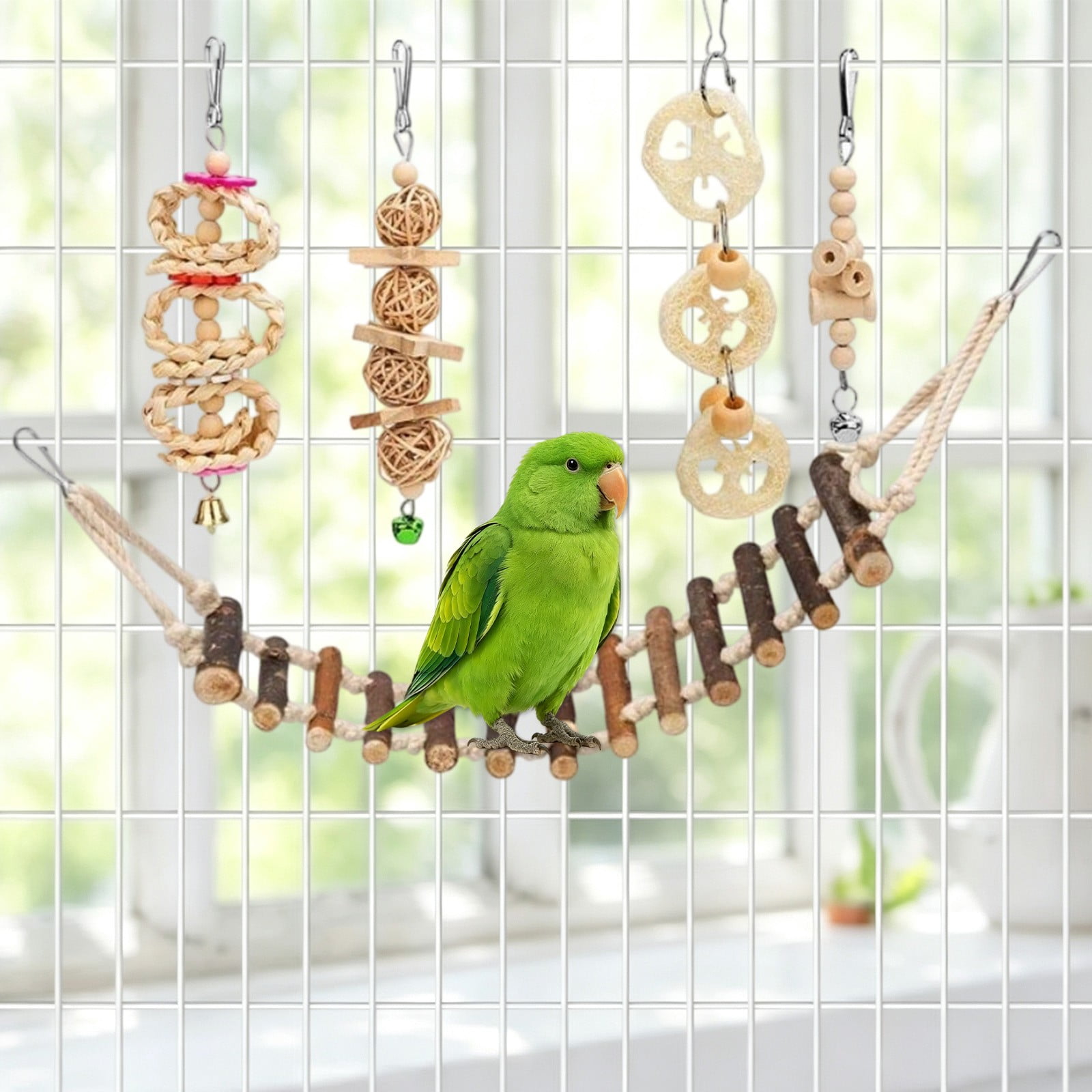 Natural Wooden Bird Toy Parrot Cage Accessories With Ladder Swing Chewing Toys Climbing Perch Toy For Parakeets Cockatiels Lovebirds