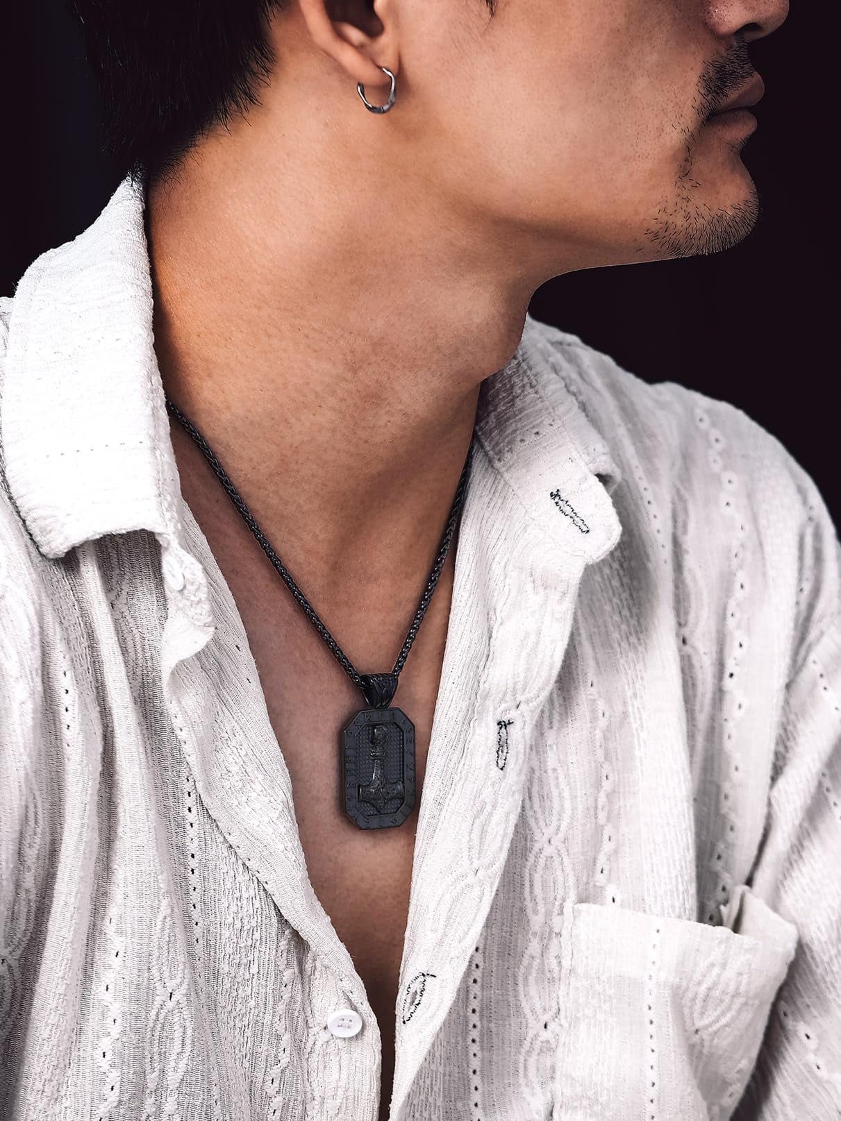 Bandmax Mens Black Nordic Dog Tag Pendant Necklace with Viking Runes Stainless Steel Thors Hammer Necklaces Chain Gift for Men
