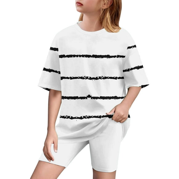 Girl 2 Piece Outfits Toddler Girl Clothes Oversized Short Sleeve T Shirt Active Running Bike Short Sets 5-15y