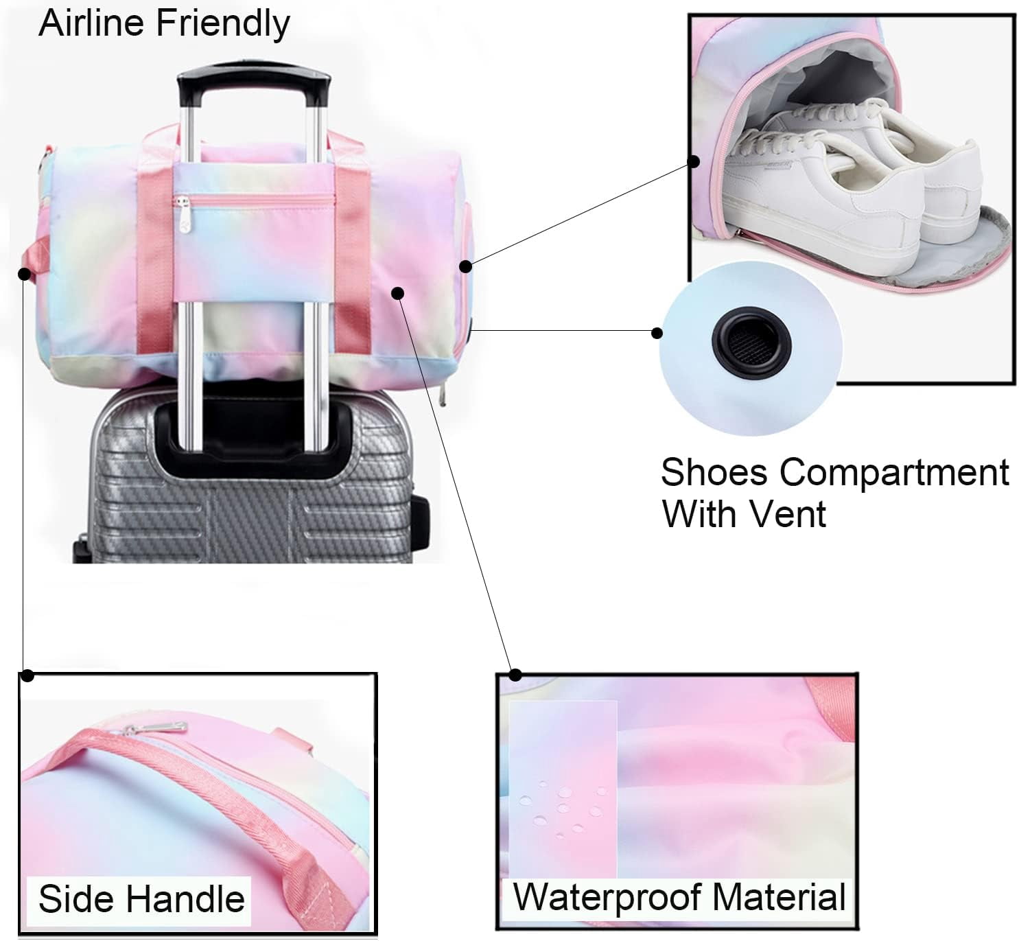 Weekender Duffel Dance Bag For Girls Gym Bag Overnight Travel duffle Bags with Shoe Compartment Wet Pocket Pink