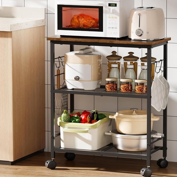 3-Tier Rolling Kitchen Microwave Cart, Small Microwave Stand | 4 Lockable Wheels, Hooks, Small Coffee Cart Shelf Rack Organizer for Kitchen, Living Room, Bathroom