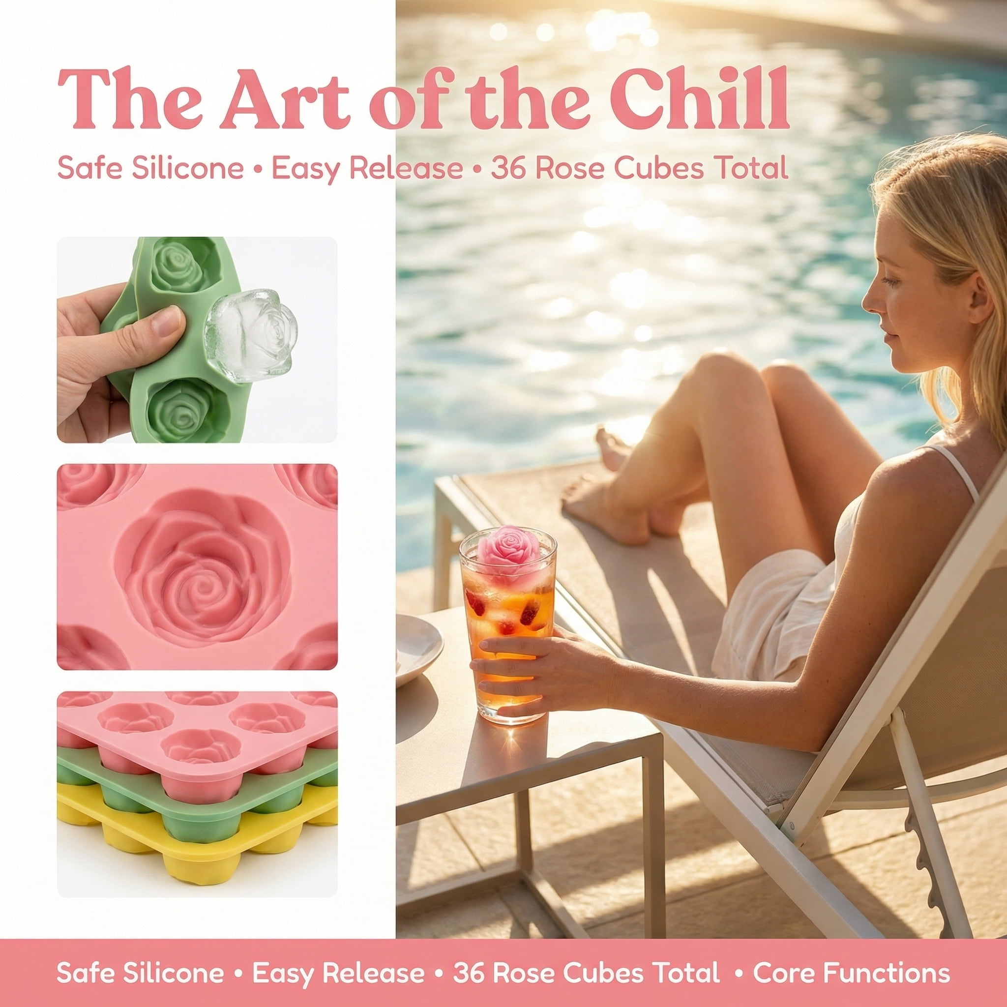 4 Pcs Silicone Rose Ice Cube Mold with Covers Fun Shapes Flower Ice Cube Mold Trays Maker 9 Cavity Easy Release Form for Whiskey Bourbon Cocktails（Black+Yellow+Green+Pink）