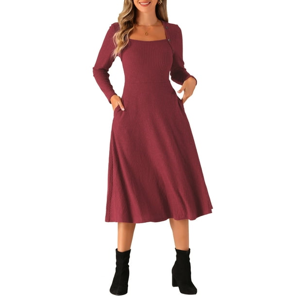 Vestido de suéter de punto para mujer Inspire Chic con cuello cuadrado, decoración de botones, vestido midi acampanado con bolsillos en burdeos, talla L