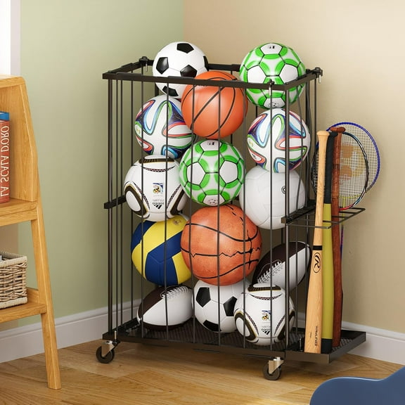 Garage Ball Storage With Baseball & Badminton Holder: Floor Sports Equipment Organizer, Sports Ball Rack With Elastic Rope, Ball Holder for Basketball, Soccer, Volleyball, Football, Garage, Gym