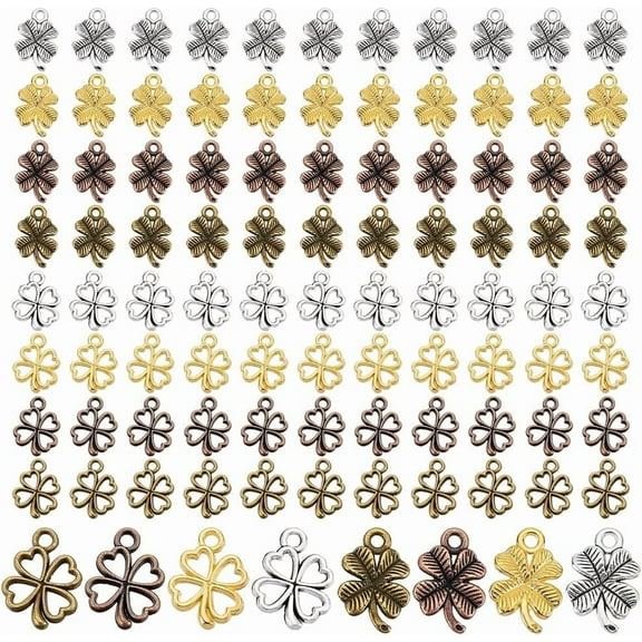 120pcs Clover Charms 2 Styles Shamrock Charms 4 Colors Four Leaf Charm Lucky Clover Pendants Metal Charm Alloy Pendant for St. Patrick's Day Necklace Bracelet Jewelry Making
