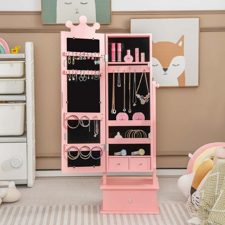 Costway Kids' Freestanding Rotating Jewelry Armoire with Costway Kids' Freestanding Rotating Jewelry Armoire with