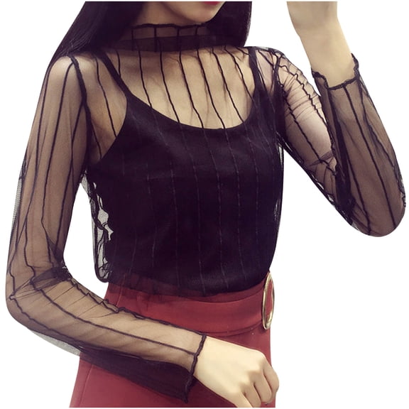 women's clothing Fashion Casual Mesh O-Neck Long Sleeve Printed Loose Ladies Tops Shirts