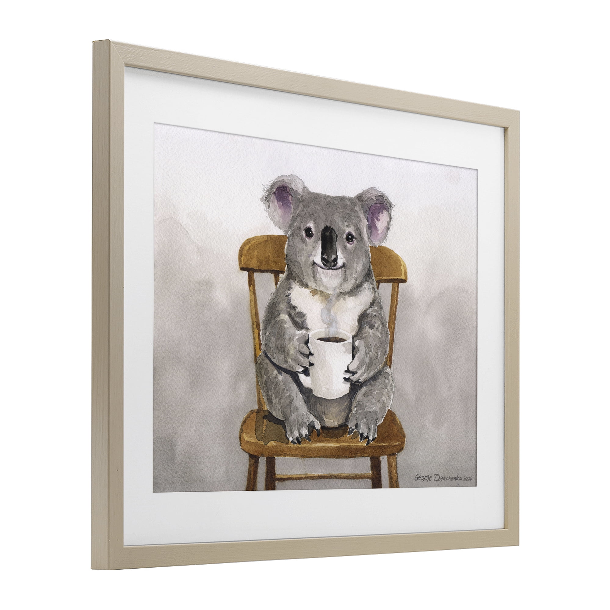 Stupell Industries Koala with Coffee Mug Birch Framed Print Under Glass, design by George Dyachenko