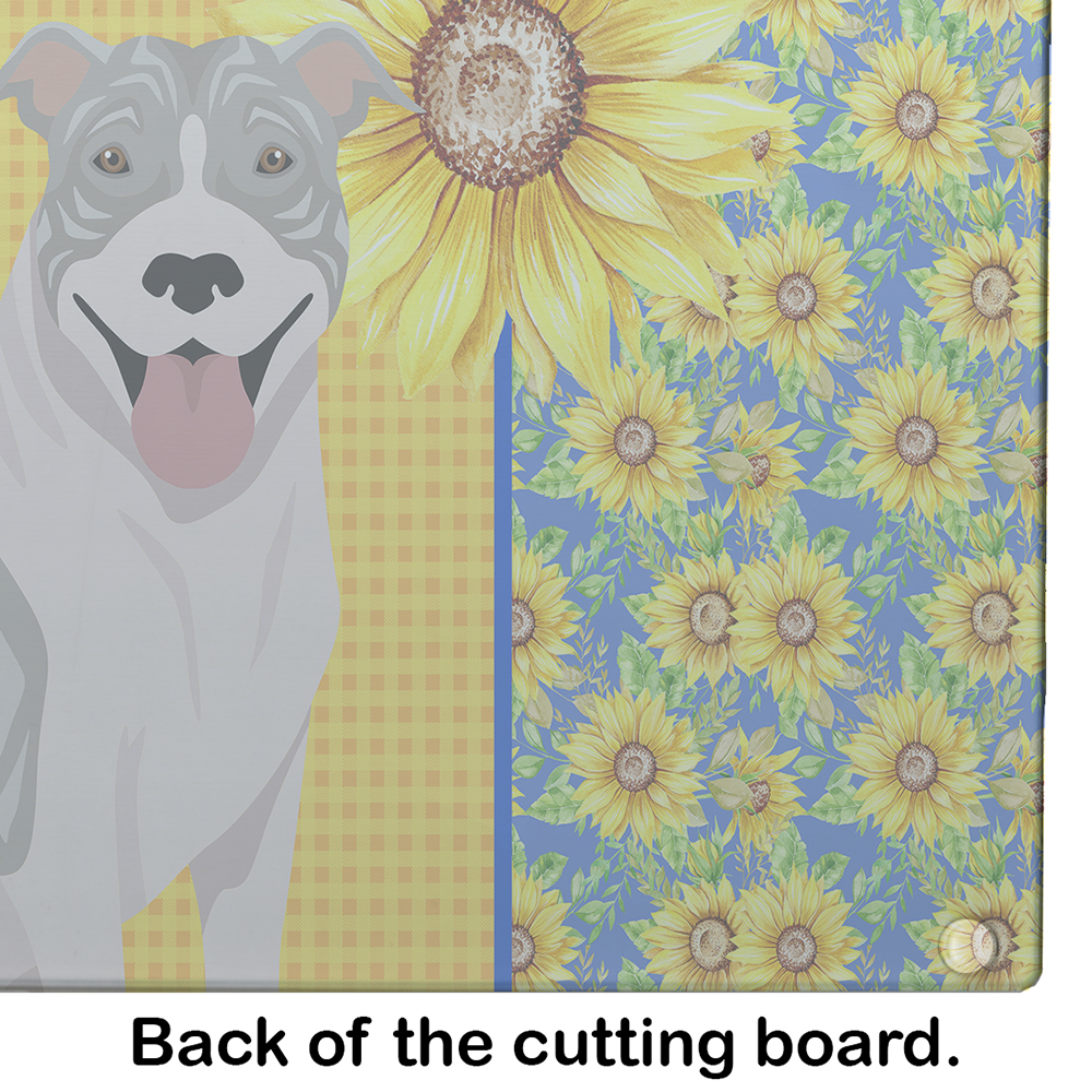 Summer Sunflowers Blue Brindle Pit Bull Terrier Glass Cutting Board Large 12 in x 15 in