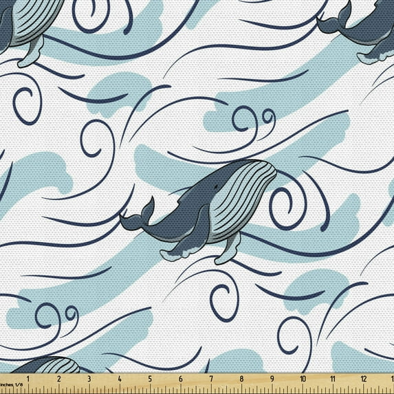 Nautical Upholstery Fabric by the Yard, Whales Swimming in the Ocean Waves Fish Marine Wilderness Underwater, Decorative Fabric for DIY and Home Accents, Aqua White and Dark Teal by Ambesonne