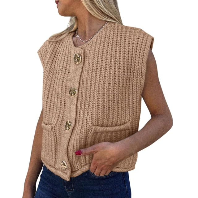 Chaleco tipo suéter PRETTYGARDEN de punto grueso de verano para mujer, color caqui