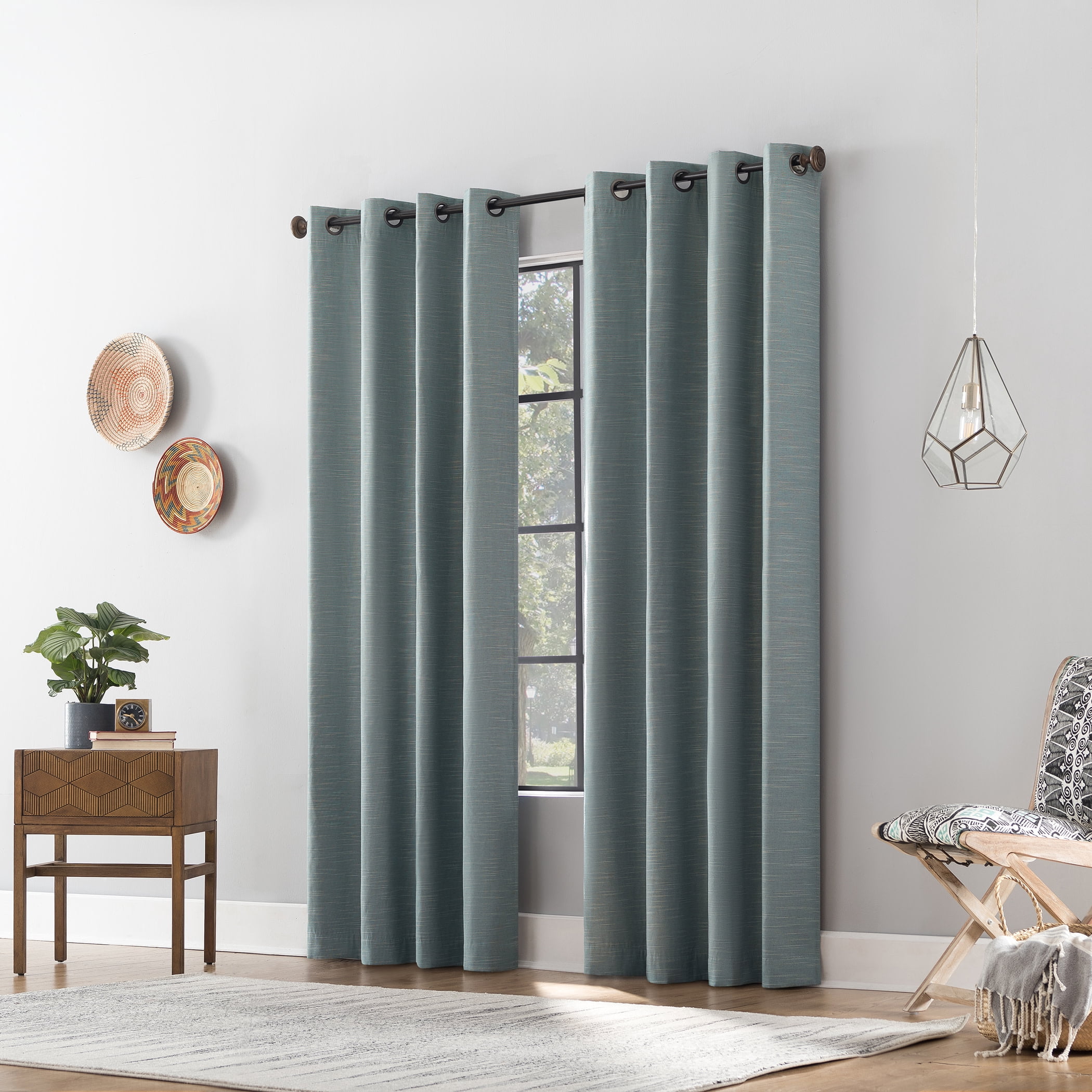 Archaeo Textured Linen Blend Total Blackout Grommet Top Curtain, 50"W X 96"L, Storm Blue