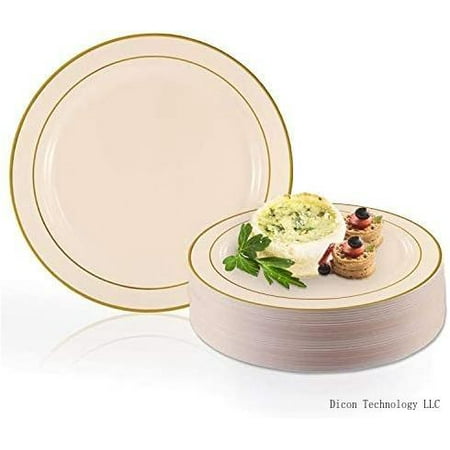 

Disposable Plastic Dessert 120 Plates - 7.5 Heavy Duty Ivory With Gold Rim Salad Plates - Appetizer Cake Plates Party Supplies For All Occasions
