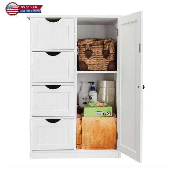 Tcbosik Bathroom Floor Cabinet with Door and 4 Drawers, Freestanding Storage Cabinet for Living Room Kitchen Hallway, White