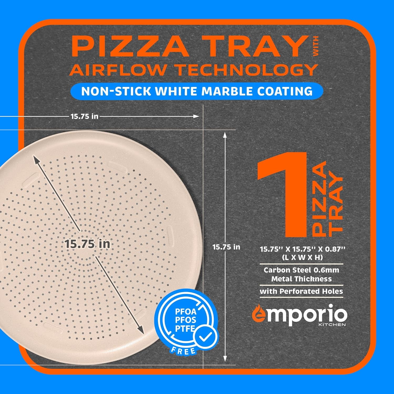 Emporio Kitchen Pizza Baking Pan - 15.75-Inch Round Perforated Carbon Steel Tray with Non-Stick White Marble Coating, Airflow Design, Dishwasher & Oven Safe (Up to 450°F) White