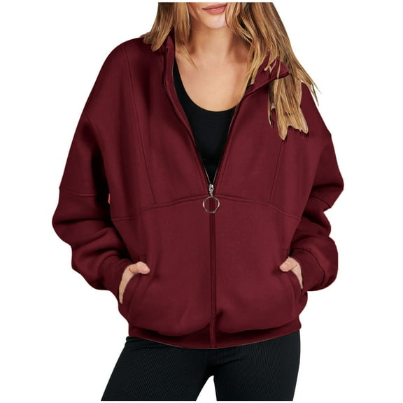 Usmixi 2023 Sweatshirt Coat for Women Winter Sweatshirt Jacket for Women Casual Solid Long Sleeve Stand Collar Coat Trendy Zip up Oversized Ladies Girls Outerwear with Pocket Weekly