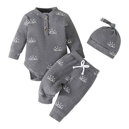 

XJDJHC Baby Boy Fall Clothes Toddler Girl Boys Girls Long Sleeve Cartoon Prints Romper Solid Colour Pants Hat Outfits Set For Kids Clothes Fashion Streetwear 6-9 Months