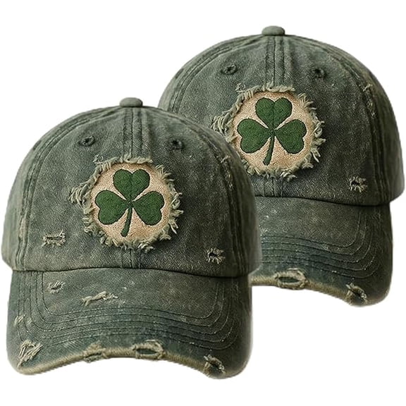 Green Shamrock Trucker Cap - St. Patrick's Themed Baseball Hat with Clover Patch, Distressed Vintage Style(2Pcs, B)