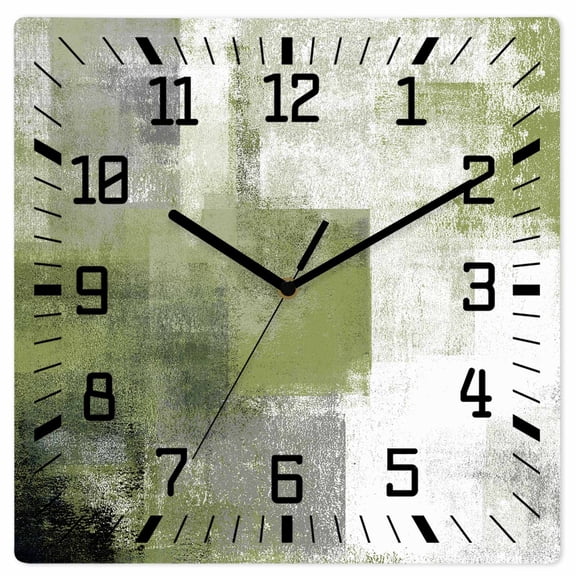 Sage Green Ombre Wooden Wall Clock Silent Non Ticking, Vintage Shabby Abstract Plaid Art Square Wall Clocks Battery Operated, Decor Clock for Home Office, Living Room, Kitchen, 12 Inch