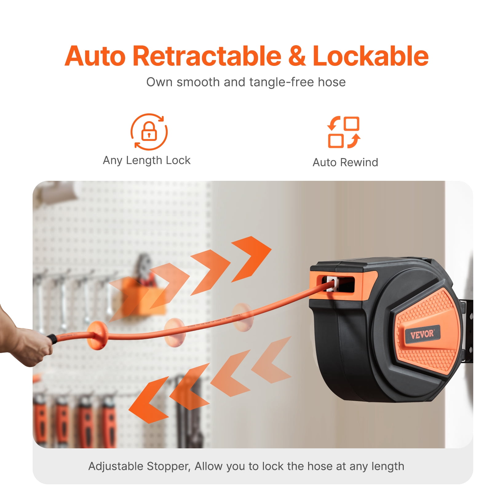 VEVOR Retractable Air Hose Reel, 3/8IN x 65FT Hybrid Air Hose Max 300PSI, Air Compressor Hose Reel Auto-Rewind with 6.6 FT Lead in, Ceiling/Wall Mount Enclosed PP Reel & Built-in 180° Swivel Bracket