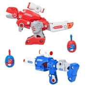 Dazmers Transformer Dinosaur Toy Set of 2 – Dino Nerf Guns Convert from Dino to Blaster – Fun Outdoor Toy for Kids Ages 3–10 – Blue & Red – 3"H x 10"L x 7"W