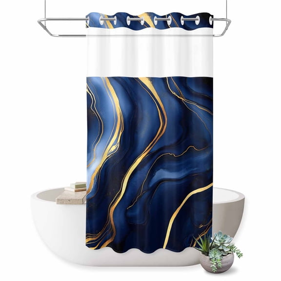 No Hook Shower Curtain with Built-in Rings - Dark Blue Abstract Marble Texture Washable Waterproof Fabric Bathroom Curtains for Hotel,Rentals, Stall 36 X 72 Inch , Gold Fluid Art Lines