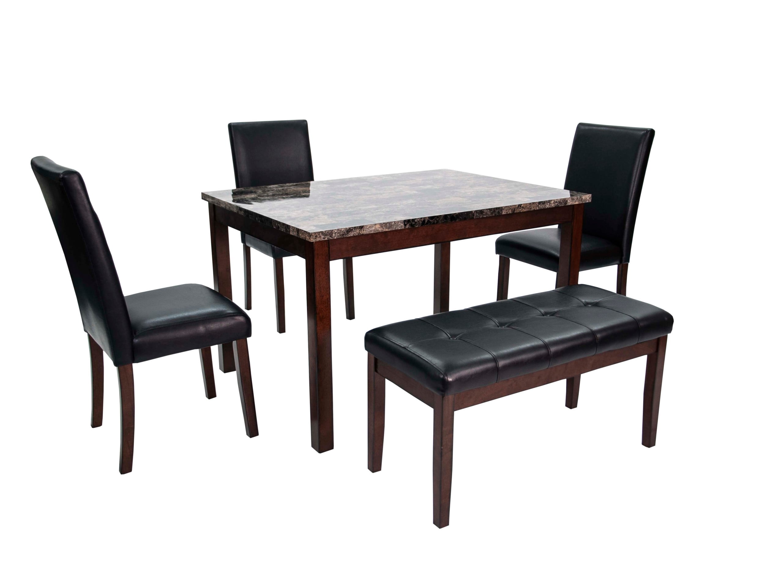Aukfa 5-Piece Dining Set with 3 Chairs and Bench, Rectangular Faux Marble Table with Upholstered Seats for Kitchen or Dining Room, Brown