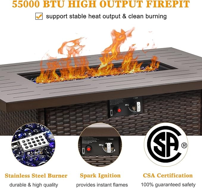 LayinSun 44" Propane Gas Fire Pit Table, 55000 BTU Rectangular Fire Pit with Glass Wind Guard for Outside Patio Deck Garden Backyard