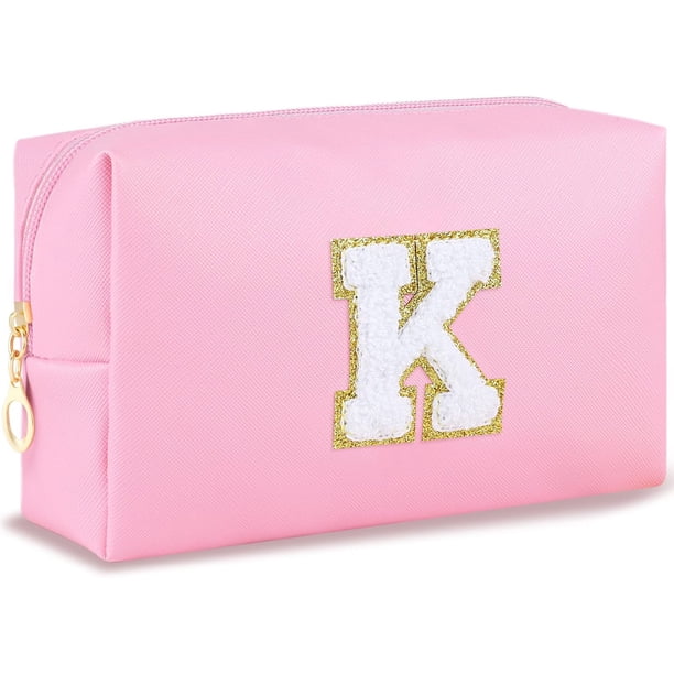 Bolsa de maquillaje con inicial para mujer, bolsa de cosméticos grande, bonita bolsa de maquillaje rosa para cartera, bolsa de aseo con cierre, organizador de piel sintética, brochas de