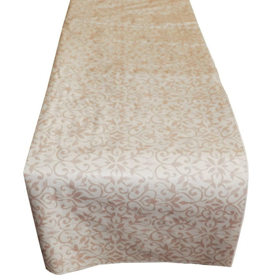 Plastic Table Runner Non-Slip Flannel Backing - Floral Vines Beige