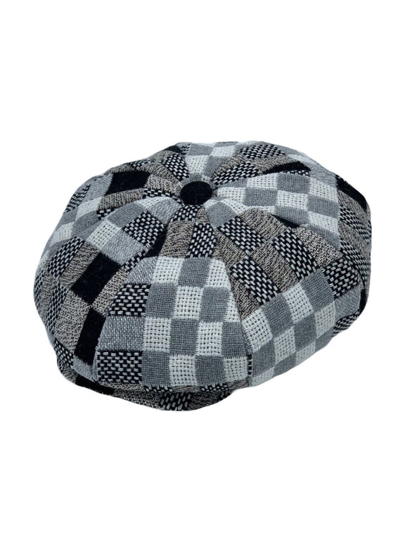 8 Panel Ivy Newsboy Cap - Applejack Paperboy Hat Winter Knitted Checkered Patchwork LDG1562 (Black)