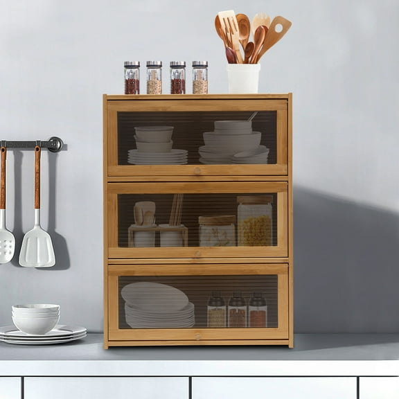 3 Tiers Storage Cabinet, Bamboo Acrylic Countertop Cabinet, Bamboo Organizer for Kitchen Living Room 20.5*9.8*27.56in