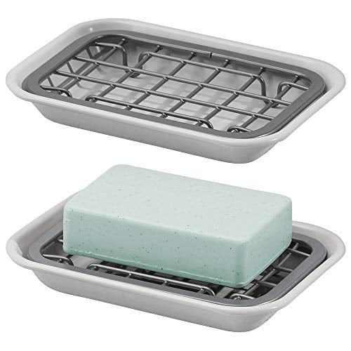mDesign Metal 2Piece Soap Dish Tray with Drainage Grid and Holder for