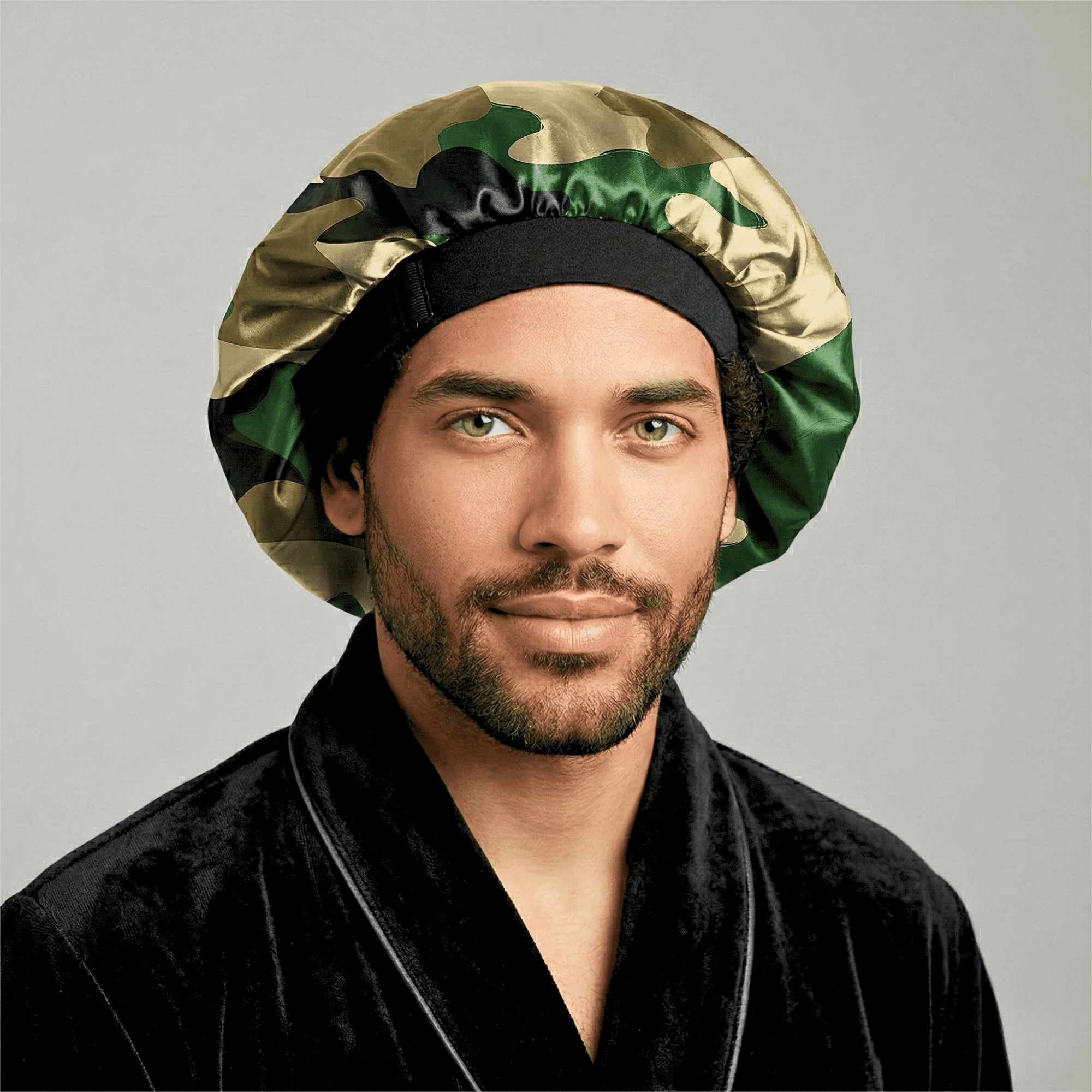 Men’s Satin Bonnet with Adjustable Tie, Silk Infused Sleep Cap for Waves, Braids, Locs, Camouflage
