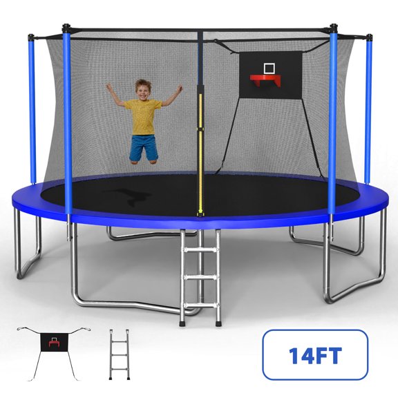 Seizeen Rectangular Trampoline for Kids, 8x12ft Outdoor Trampoline with Enclosure, 2-IN-1 Basketball Trampoline with Hoop