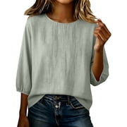 Qingpeng Womens Cotton Linen Tops Crew Neck 3/4 Sleeve Shirts Lightweight Textured Fabric Lantern Sleeve Loose Fit Casual Fall Tops